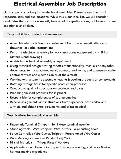 assemble electric box job partime|Electrical Assembler Job Description .